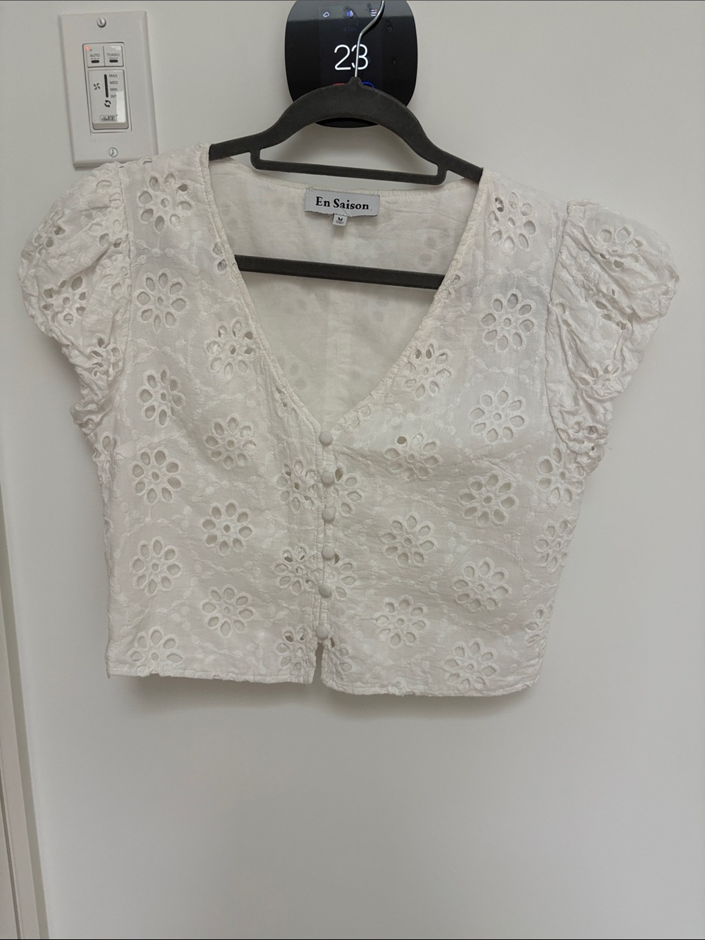 Anthropologie En Saison white eyelet button-front crop top